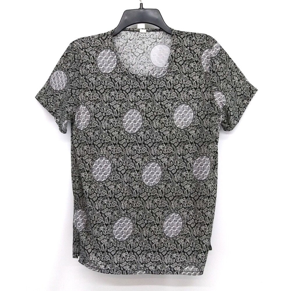 Womens Blouse Size Large Black Whimsical Paisley Design Lightweight Pullover Top